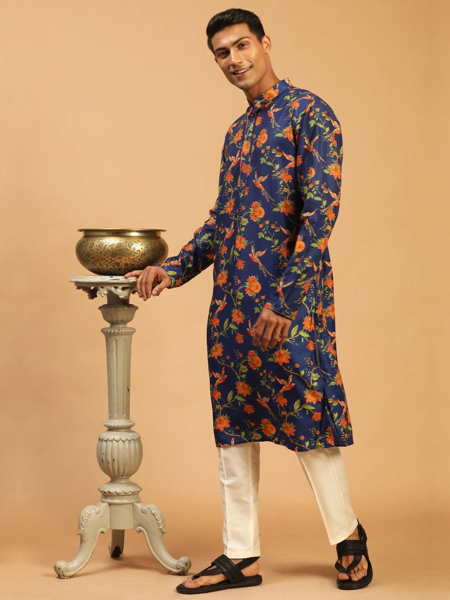 Vastramay Navy Blue And Cream Regular Fit Printed Kurta Bottom Set
