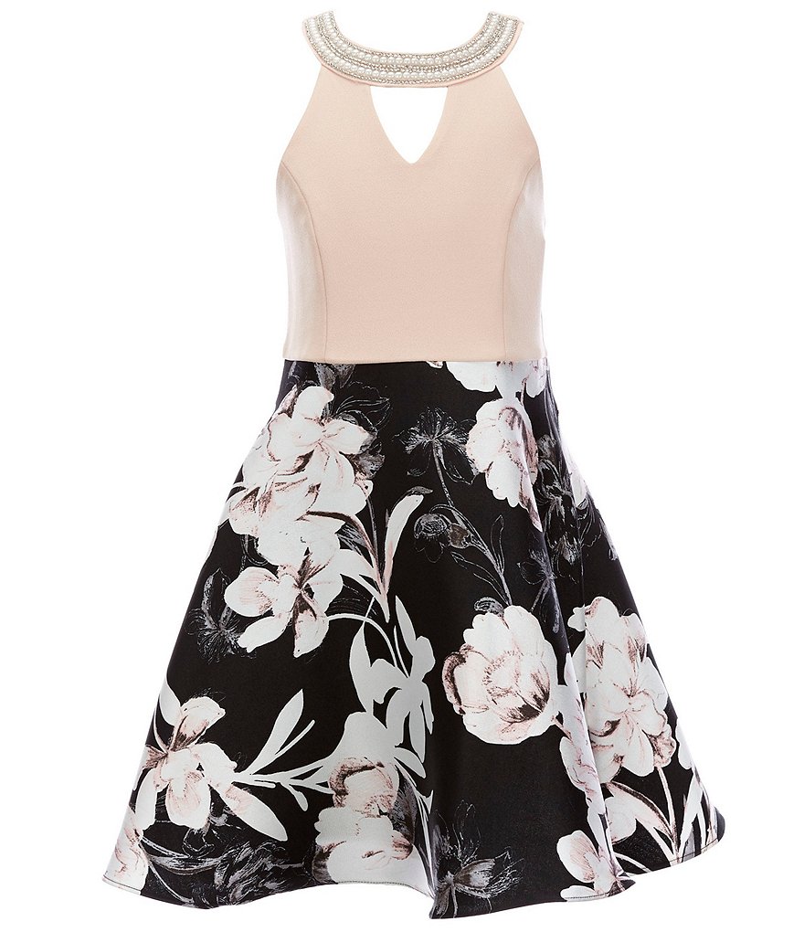 Rare Editions Big Girls 7-16 Crepe/Floral Mikado A-Line Dress