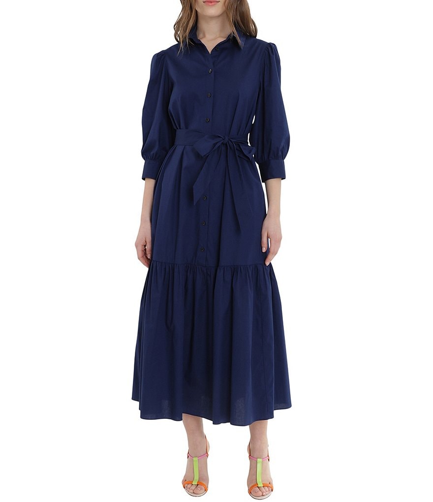 Donna Morgan Cotton Ruffle Hem 3/4 Sleeve Shirt Dress