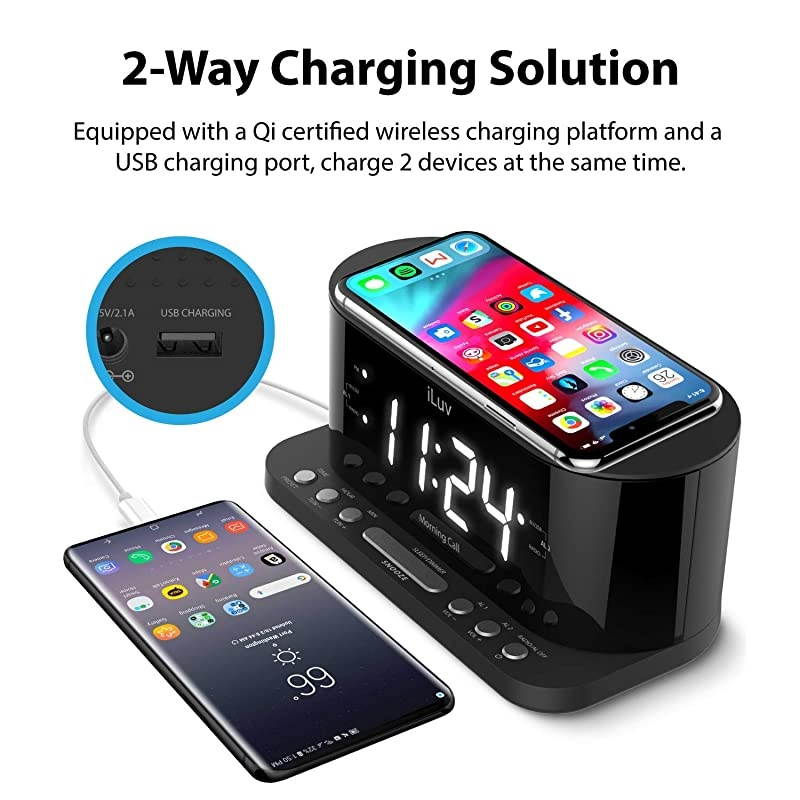 Morning Call 5 Qi-Certified Wireless Charging Bedside Digital Alarm Clock, 1.2" Jumbo LED Dual Alarm, FM Radio with 10 Presets, USB Charging Port, Sleep Timer, 3-Level Dimmer, Battery Backup