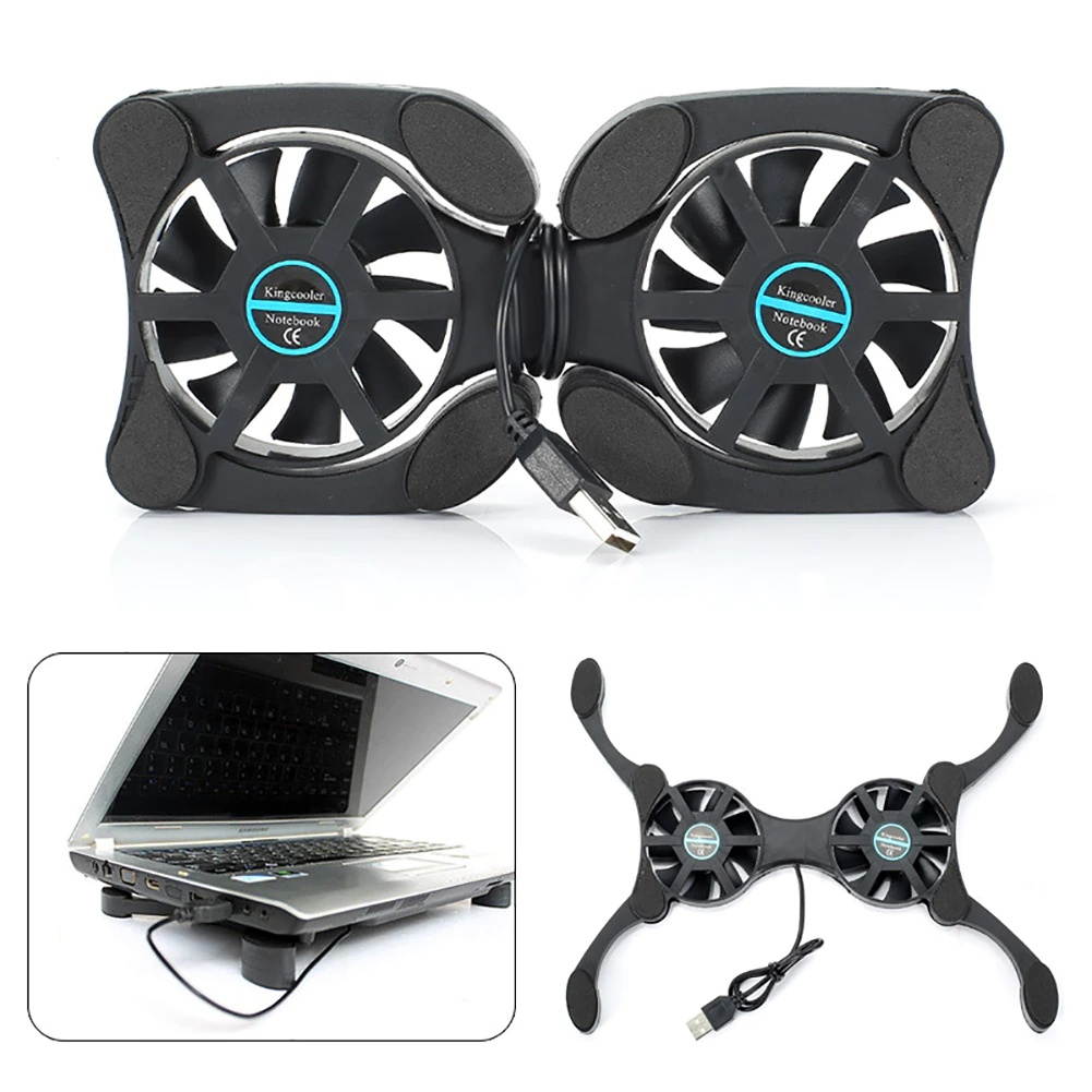 Black Laptop Desk Support Dual Cooling Fan Notebook Computer Stand Foldable USB Rack Holder