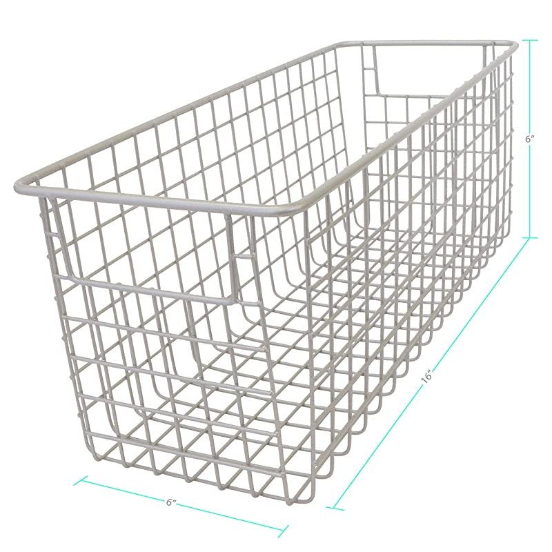Small Farmhouse Metal Wire Storage Basket Bins with Handles 16" x 6" x 6" Closets, Shelves, Cabinets, Bathrooms (Satin, 2)