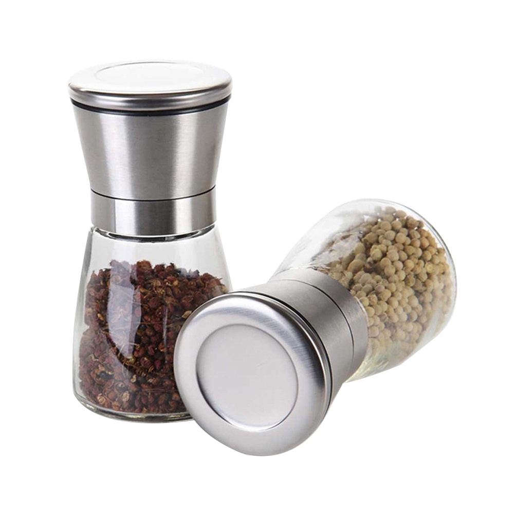 3pcs Stainless Steel Pepper Salt Grinder Manual Pepper Mill Glass Bottle Pepper Mill Cruet (Silver)
