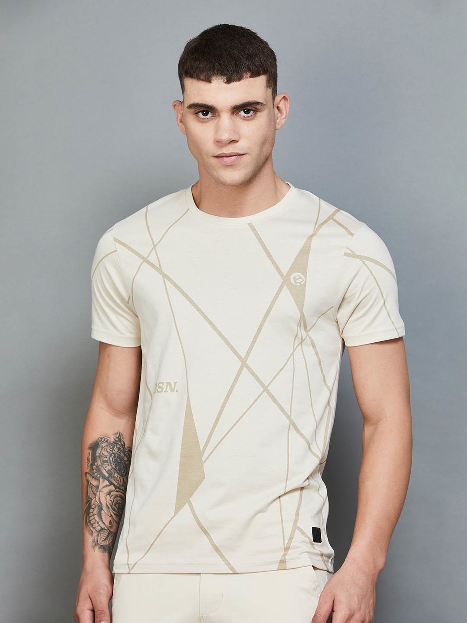 BOSSINI Beige Cotton Regular Fit Printed T-Shirt