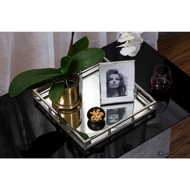 Classic Touch Square Mirror Tray with Mirror Base, Silver Color 