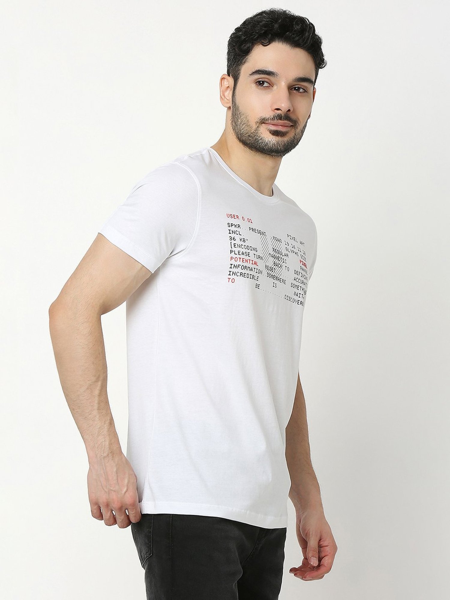 UnderJeans by Spykar White Regular Fit Printed Cotton Crew T-Shirt