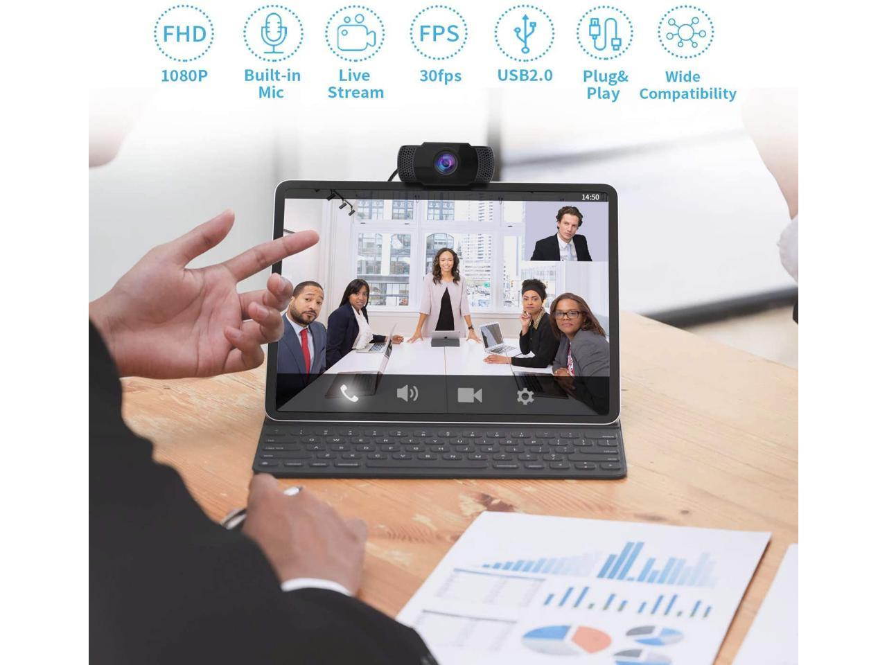 1080P HD Webcam with Microphone, USB 2.0 Camera with Auto Light Correction, Plug and Play, for Video Streaming, Conference, Gaming, Online Classes