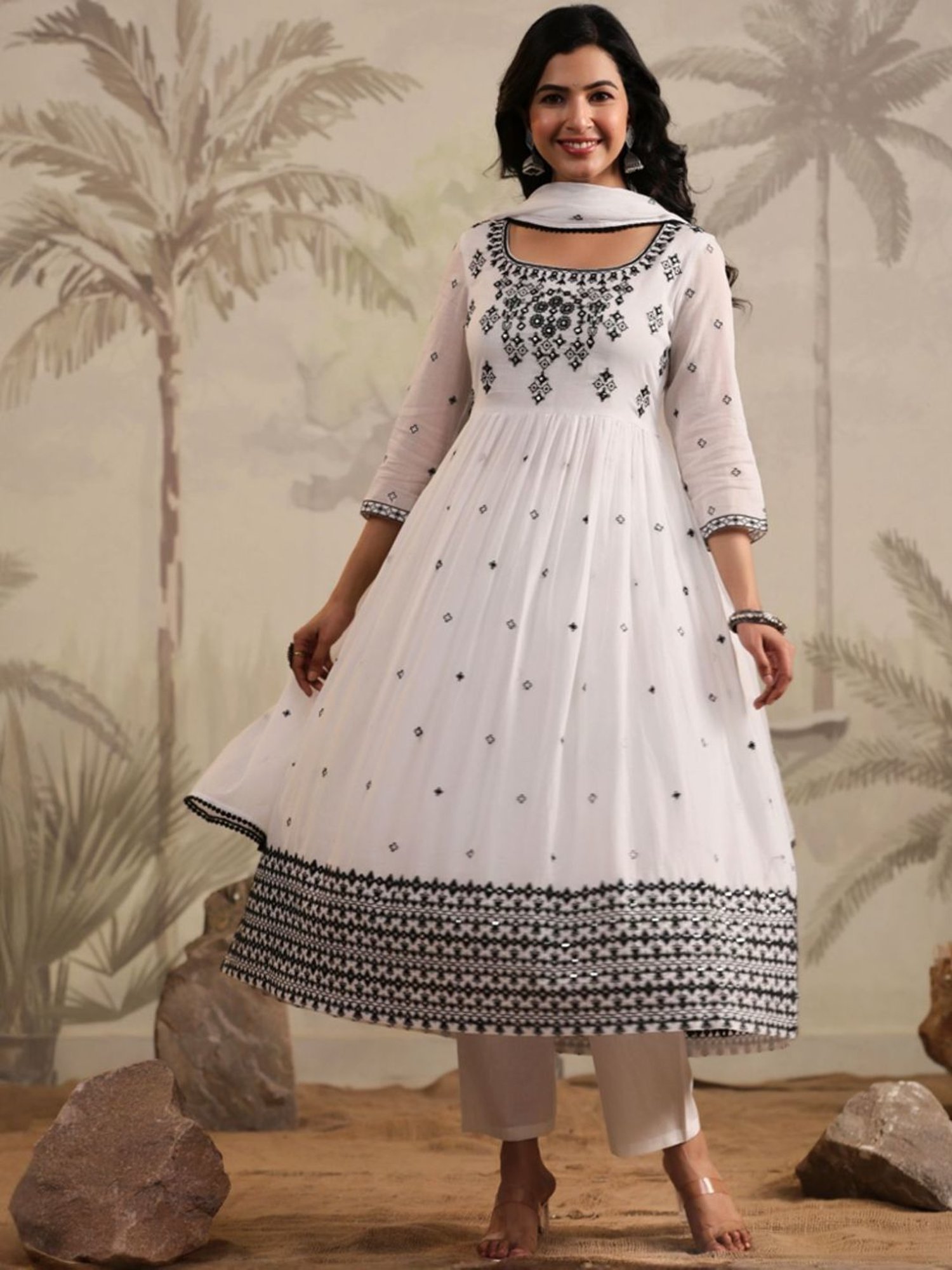 SCAKHI White Mulmul Embroidered Anarkali Kurta And Pant With Dupatta