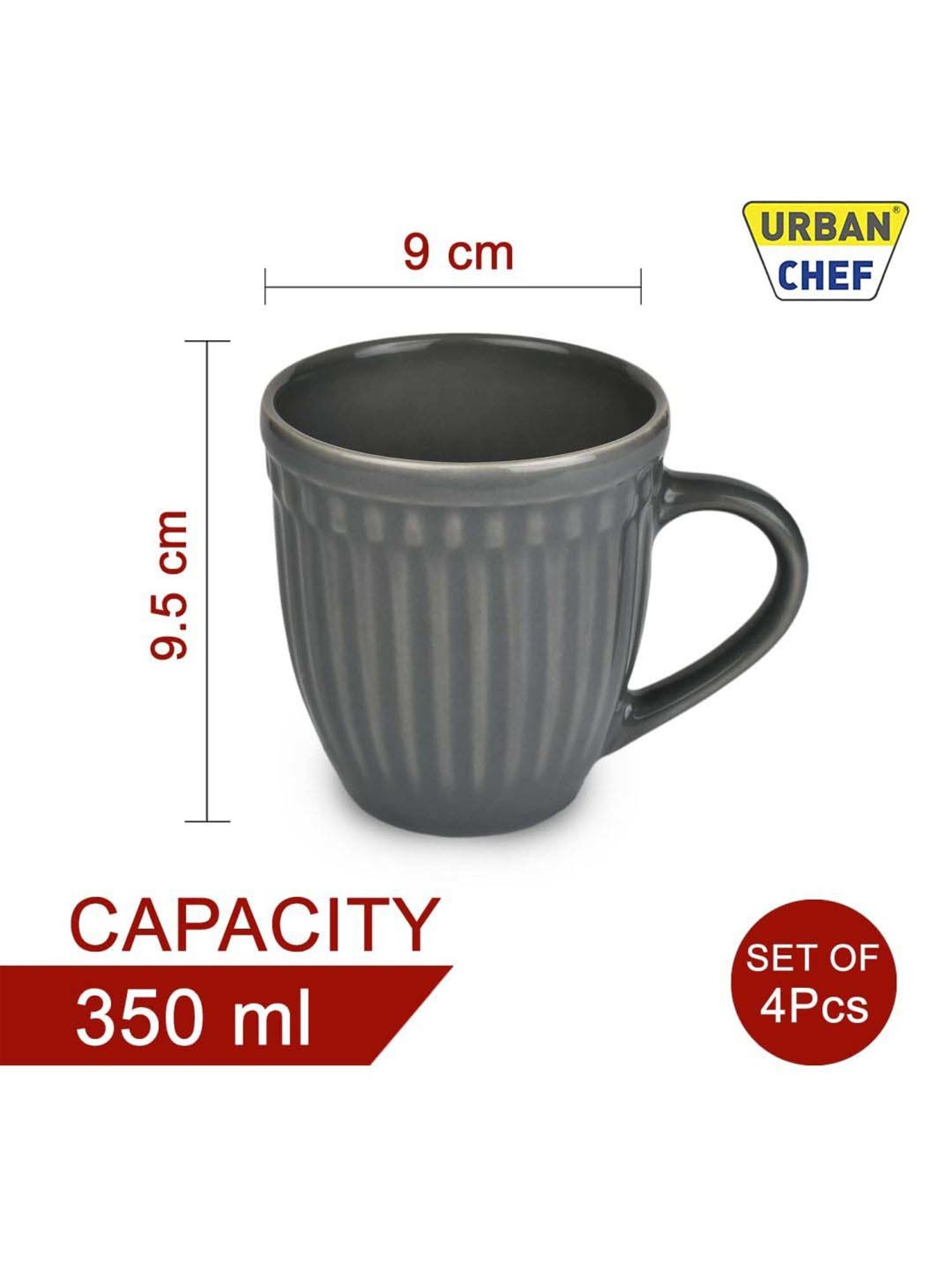 Urban Chef Grey Ceramic Handcrafted Microwave Safe Tea Cup - Set of 4