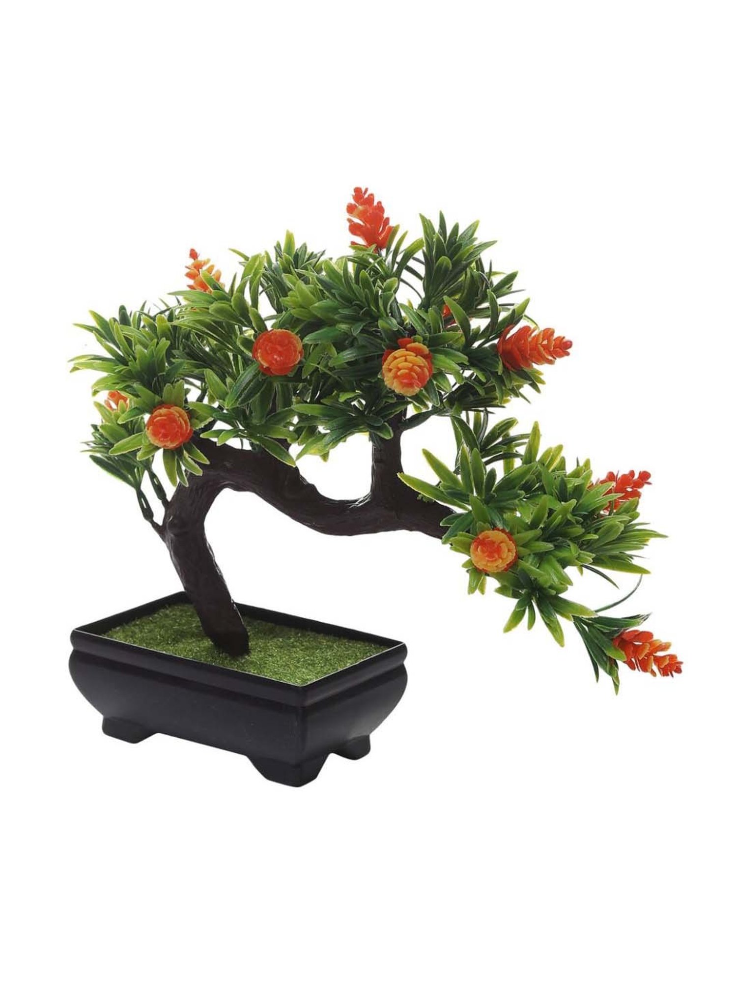 Foliyaj Orange & Green Plastic Artificial Bent Bonsai Tree With Cones