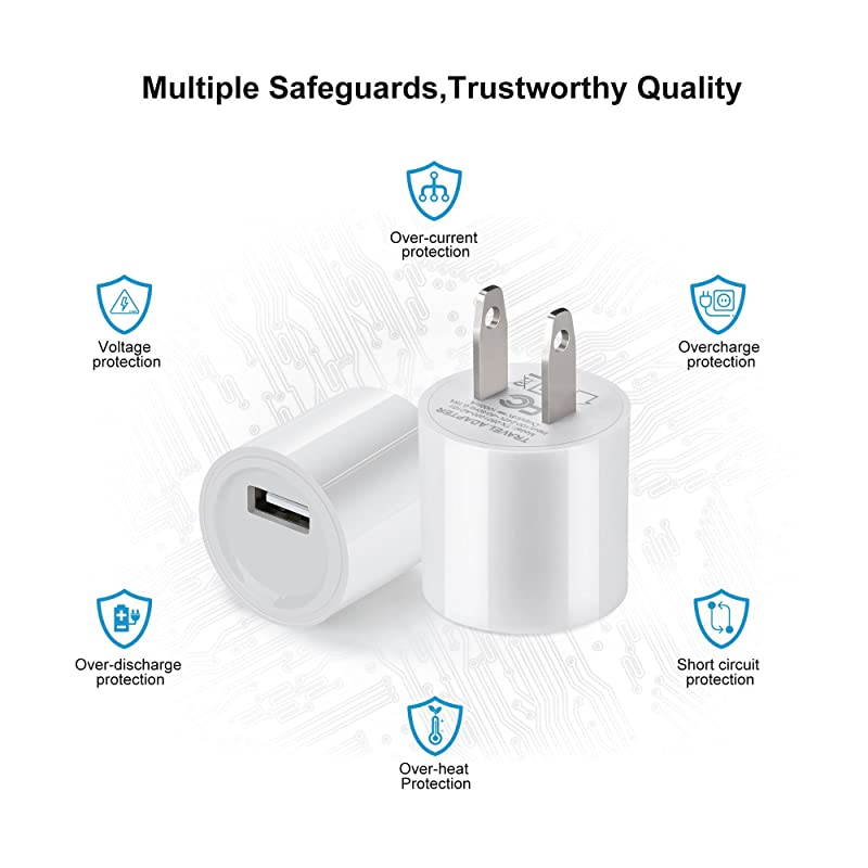 USB Wall Charger 5V1A 3Pack ETL Listed Wall Charger Brick Base Adapter Charging Block Charger Cube Power Plug Charger BoxBWhite