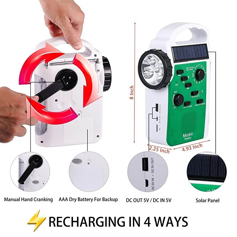 4Way Powered LED Camping Lantern LED Flashlight Emergency AMFM Radio Siren with Solar and Crank MP3 Player Bluetooth Speakers 2300 mAh Power Bank Phone ChargerGreen