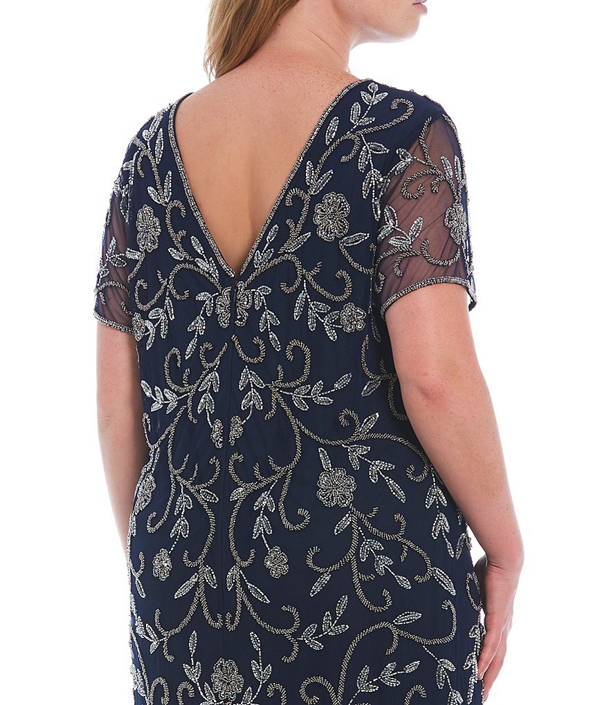 Pisarro Nights Plus Size Short Sleeve Illusion Boat Neck Front Gown