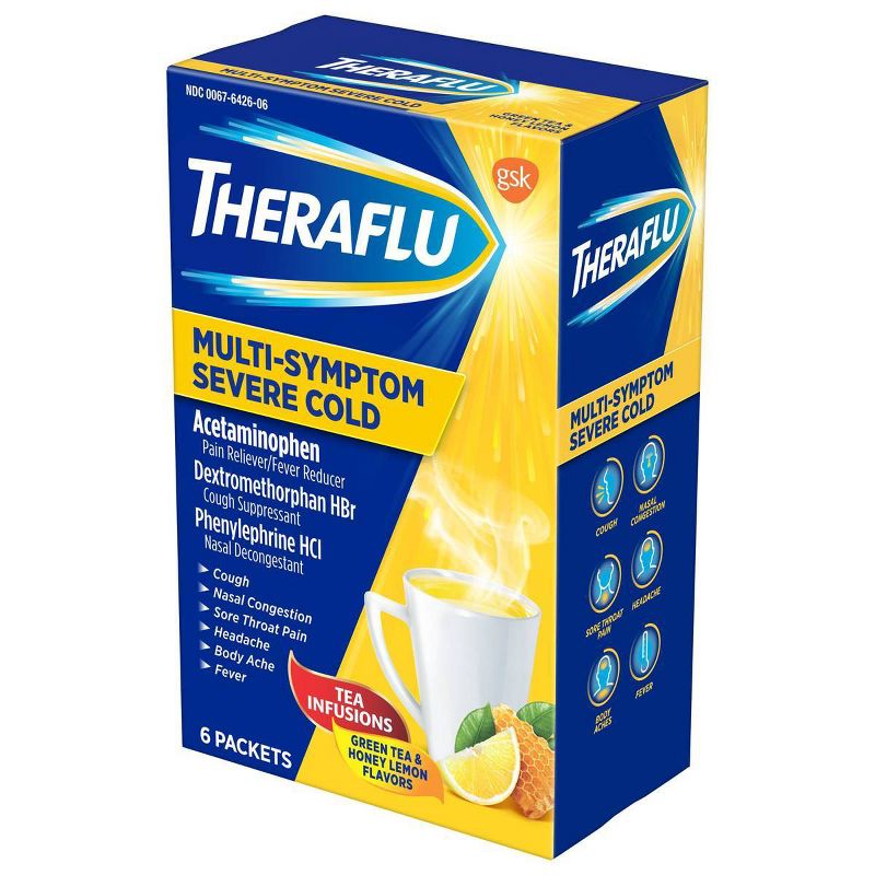 Theraflu Multi-Symptom Severe Cold Relief Powder - Acetaminophen - Green Tea & Honey Lemon - 6ct