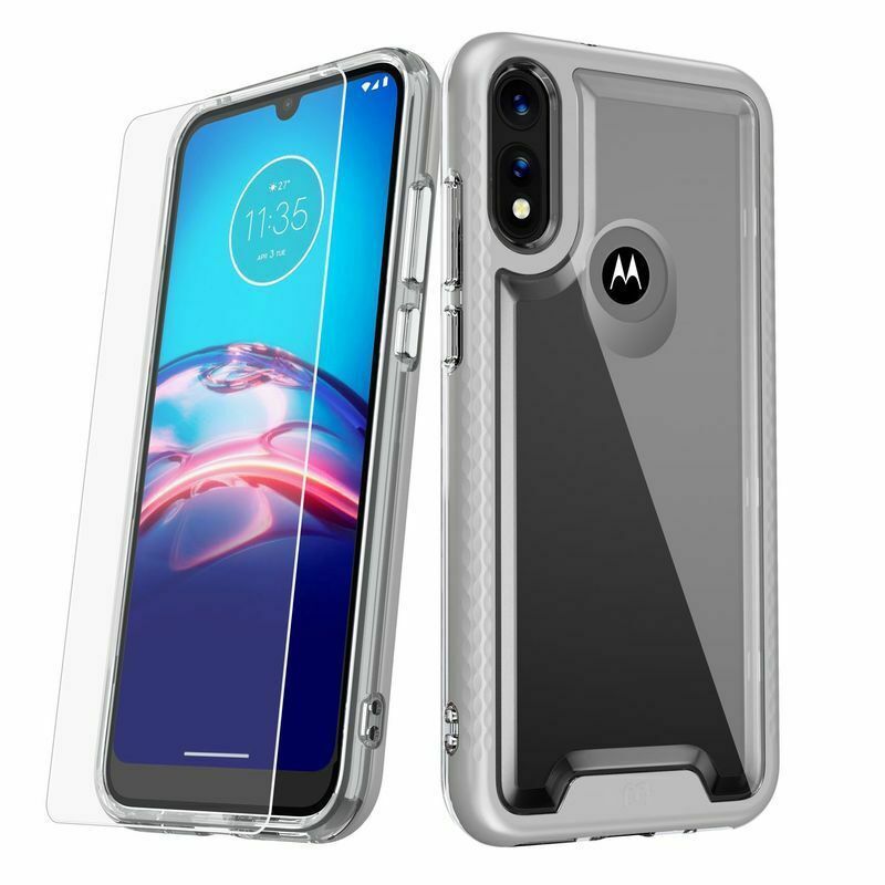 For  Moto E 2020 Clear Silver Hard Hybrid Case with Screen Protector