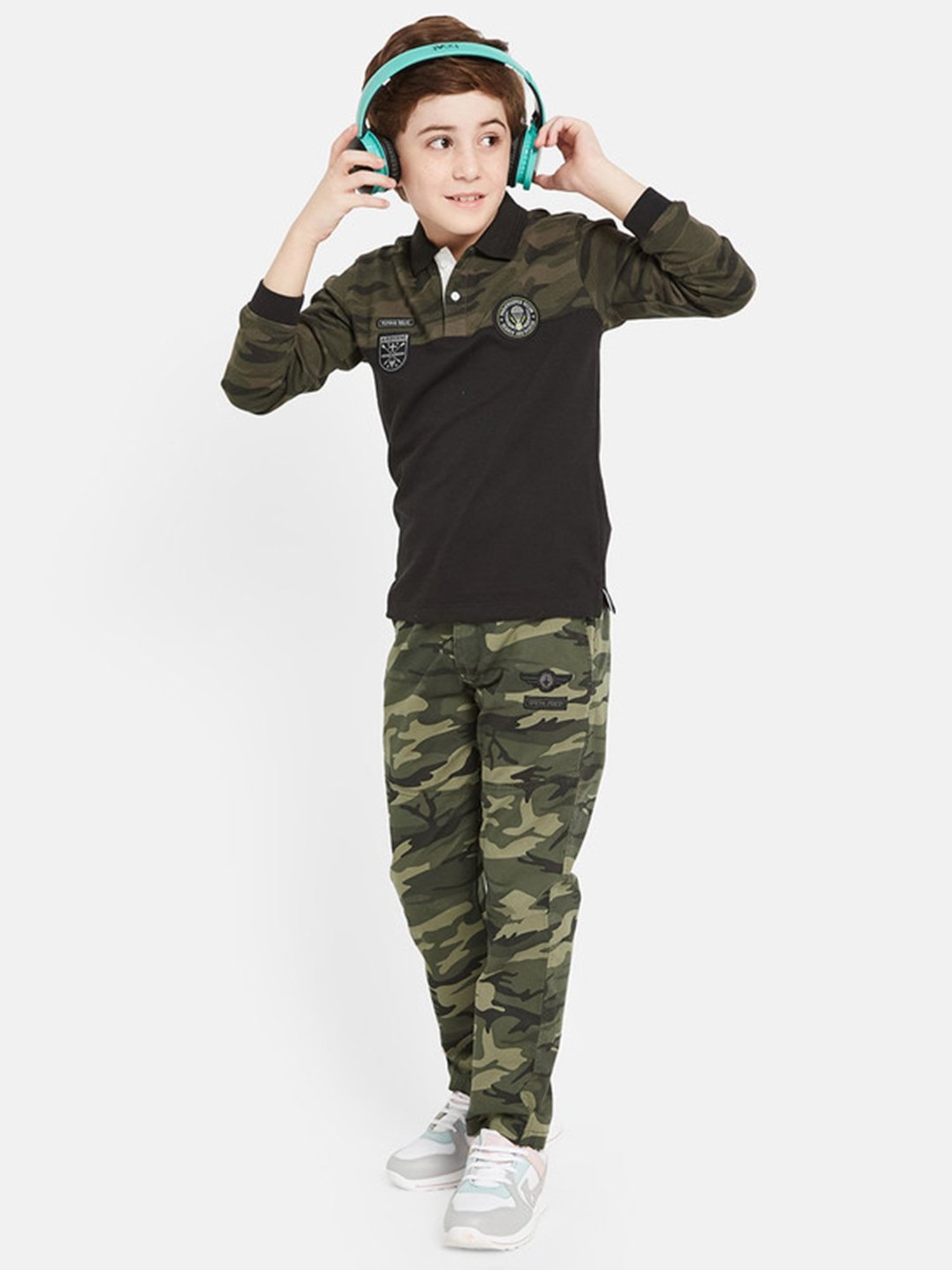 Octave Kids Black Camouflage Full Sleeves Polo T-Shirt