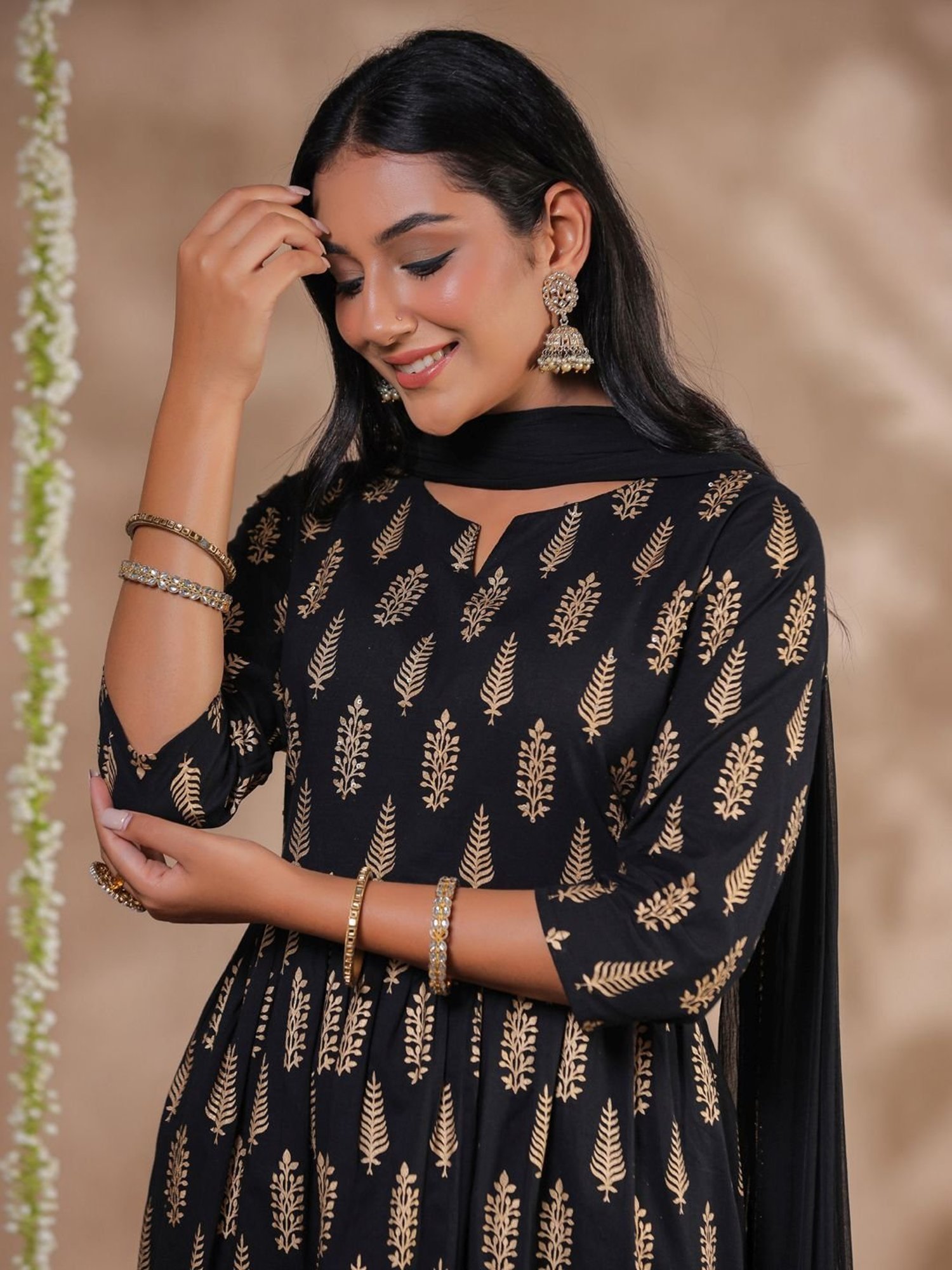 Anubhutee Black Cotton Printed Kurta Pant Set With Dupatta