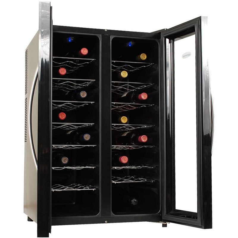 New Air 32 Bottle Dual Zone Quiet Freestanding Thermoelectric Refrigerator Wine Cooler Display Case w/ Digital Controls and Interior LED Light, Black