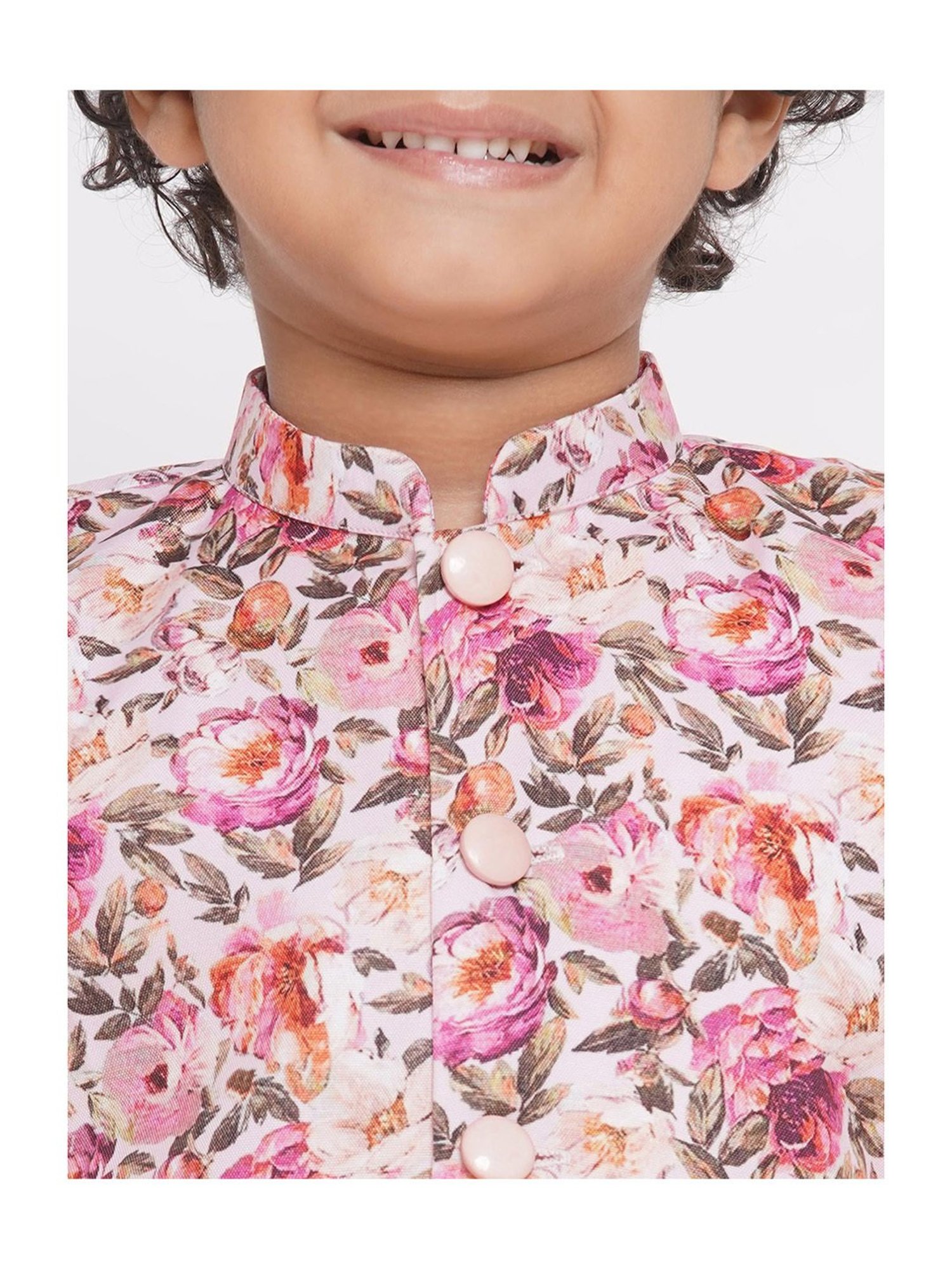 Little Bansi Kids Peach Floral Print Full Sleeves Kurta, Dhoti with Jacket