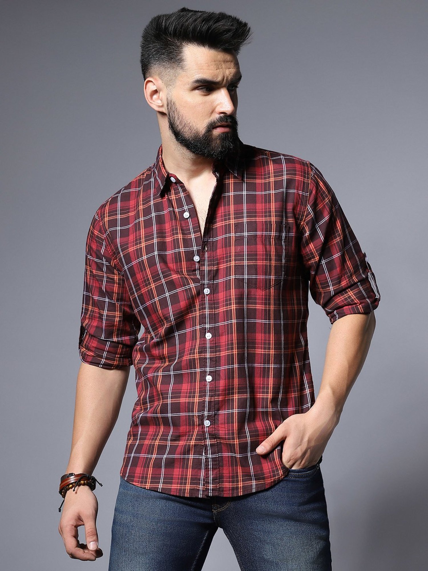 High Star Maroon Relaxed Fit Checks Shirt
