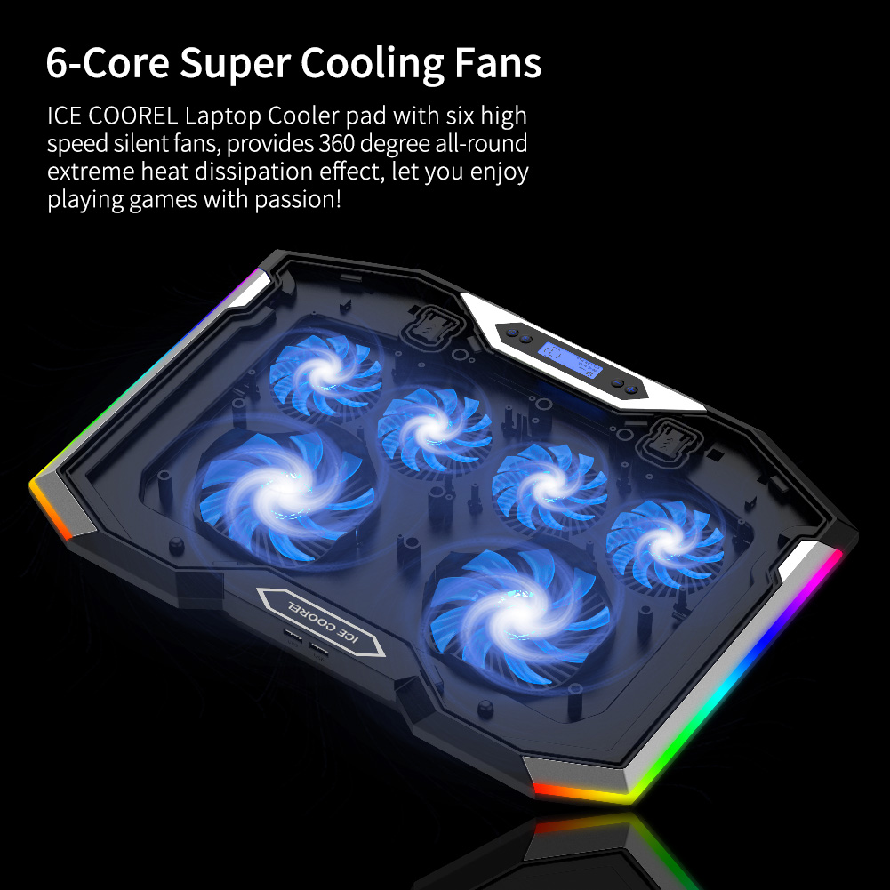 ICE COOREL Laptop Cooling Pad for 15.6-17.3 Inch, Gaming Laptop Cooler Stand with 6 Quiet Cooling Fans and 6 Height Adjustable, LCD Screen and RGB Lights, Two USB Ports, One Phone Stand