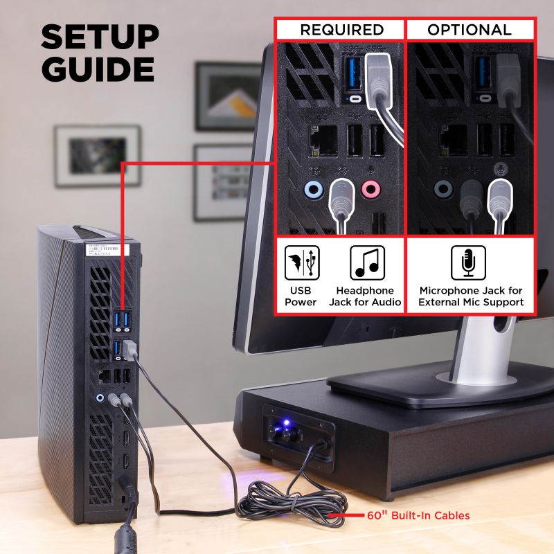 GOgroove USB Computer Speaker and Monitor Stand - SonaVERSE BSE Sound Base with Built-in Subwoofer and 3" Desk Monitor Riser 2-in-1 System, Microphone and Headphone Jack, Volume and Bass Controls