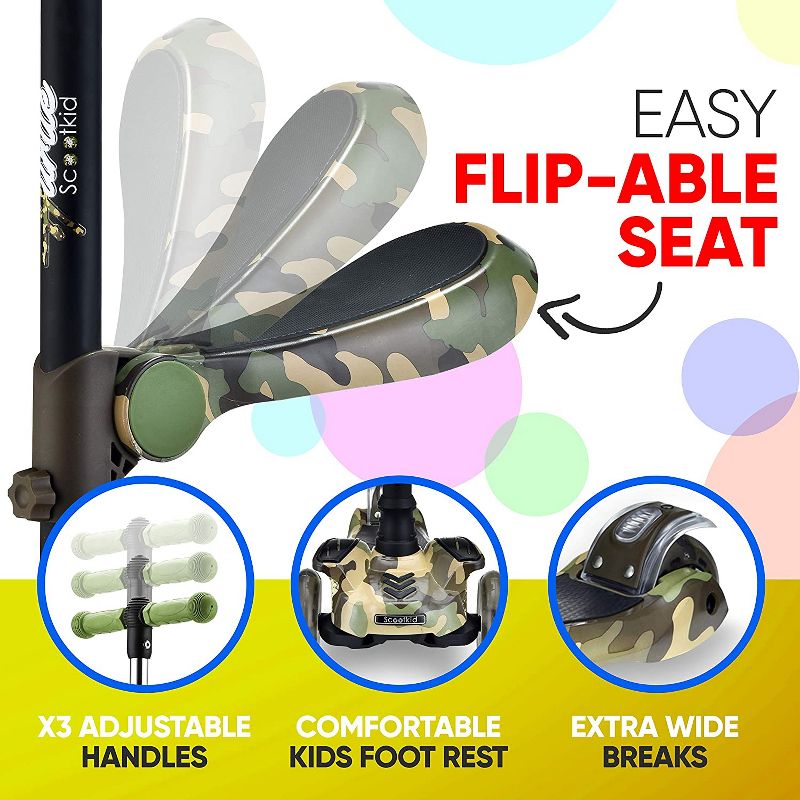 Hurtle ScootKid 3 Wheel Child Toddler Toy Scooter with LED Wheel Lights and Adjustable Height for Ages 1 to 14 Years Old, Camo