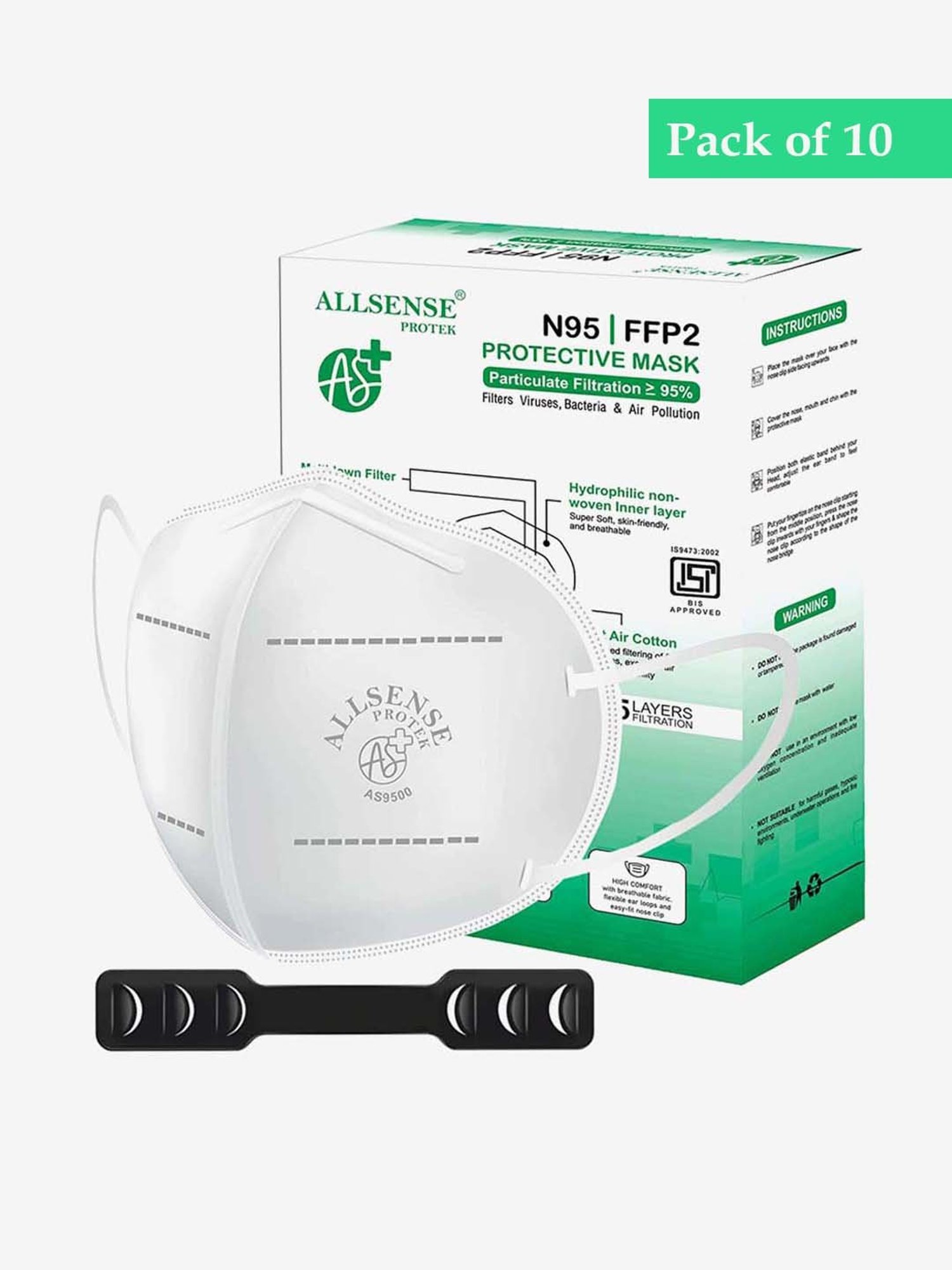 Allsense N95 FFP2 5 Layer Anti Pollution Face Mask with Ear Loop - Pack of 10 (White)