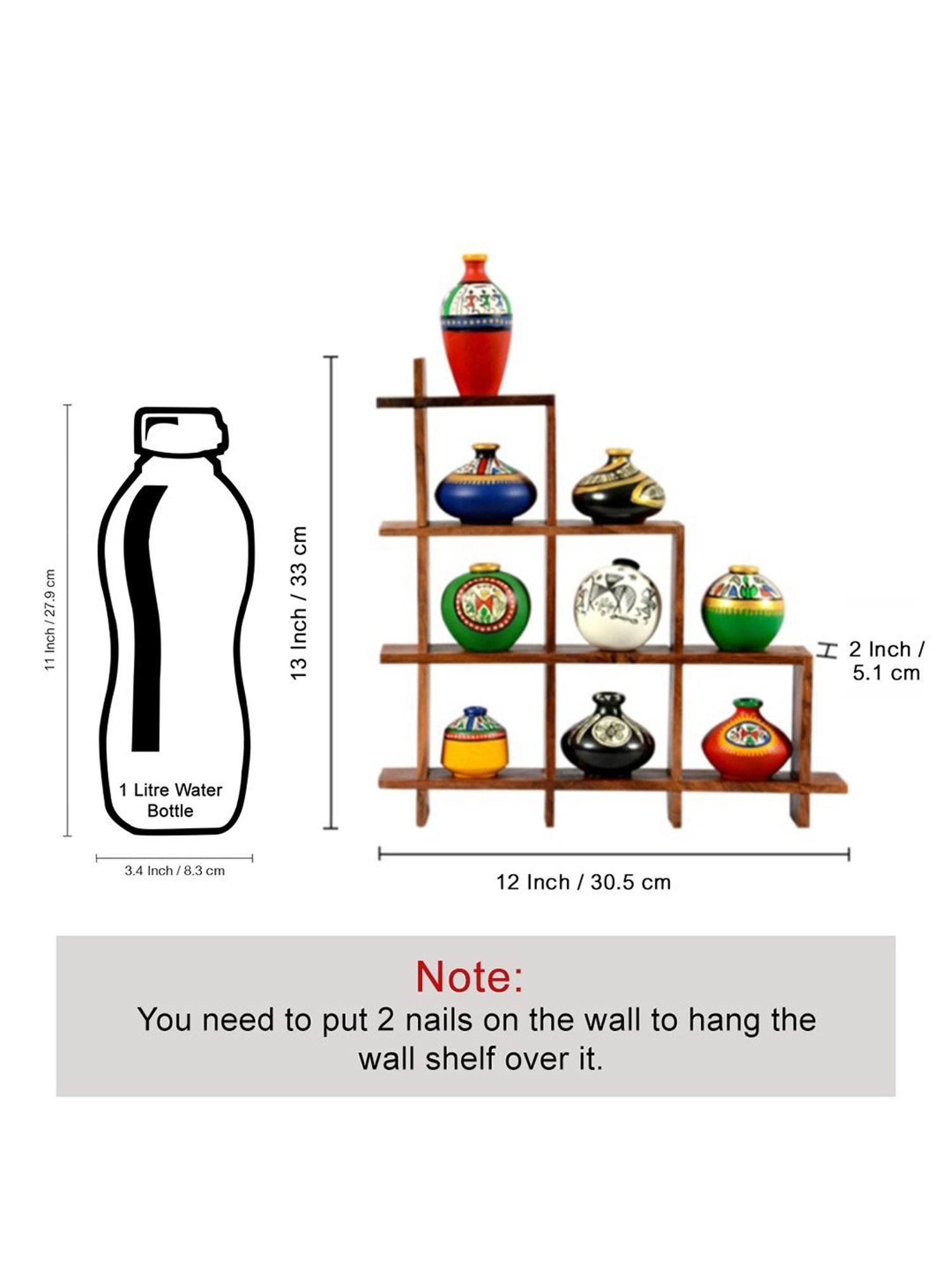 ExclusiveLane 9 Terracotta Warli Handpainted Pots With Sheesham Wooden Frame Wall Hanging