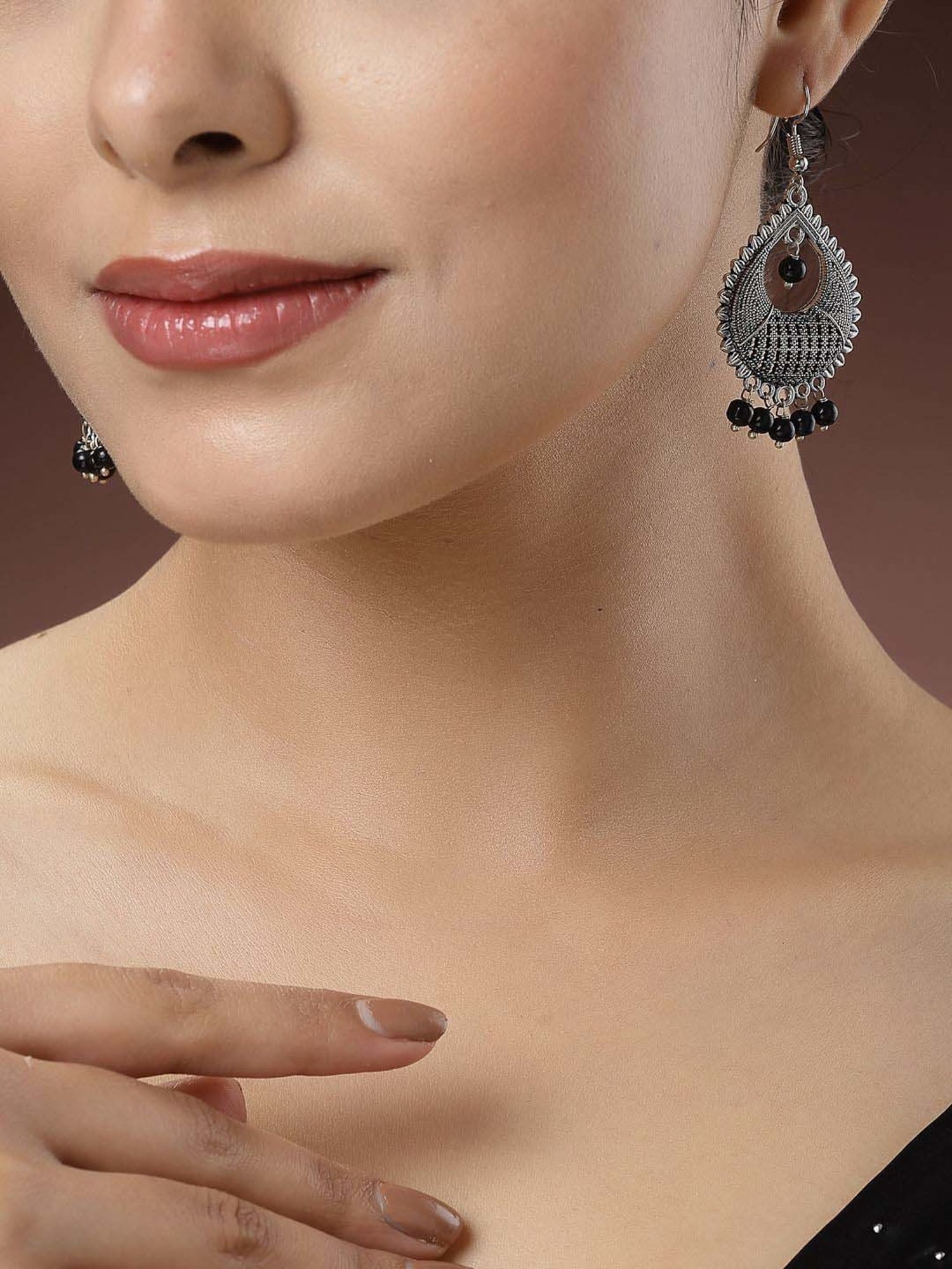 NVR Silver-Plated Artificial Beads German Silver Oxidized Chand Bali Earrings for Women