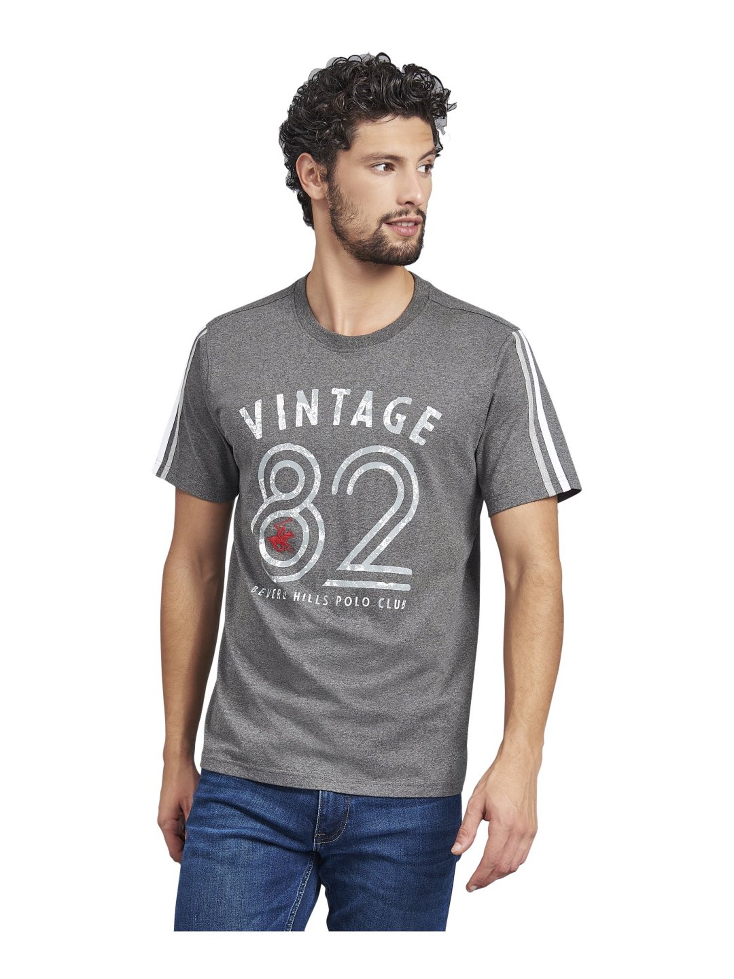 Beverly Hills Polo Club Grey Cotton Regular Fit Printed T-Shirt