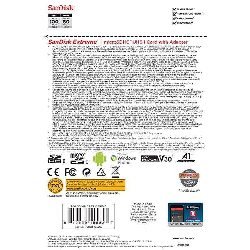 32GB Extreme microSDHC UHSI Memory Card with Adapter C10 U3 V30 4K A1 Micro SD SDSQXAF032GGN6MA