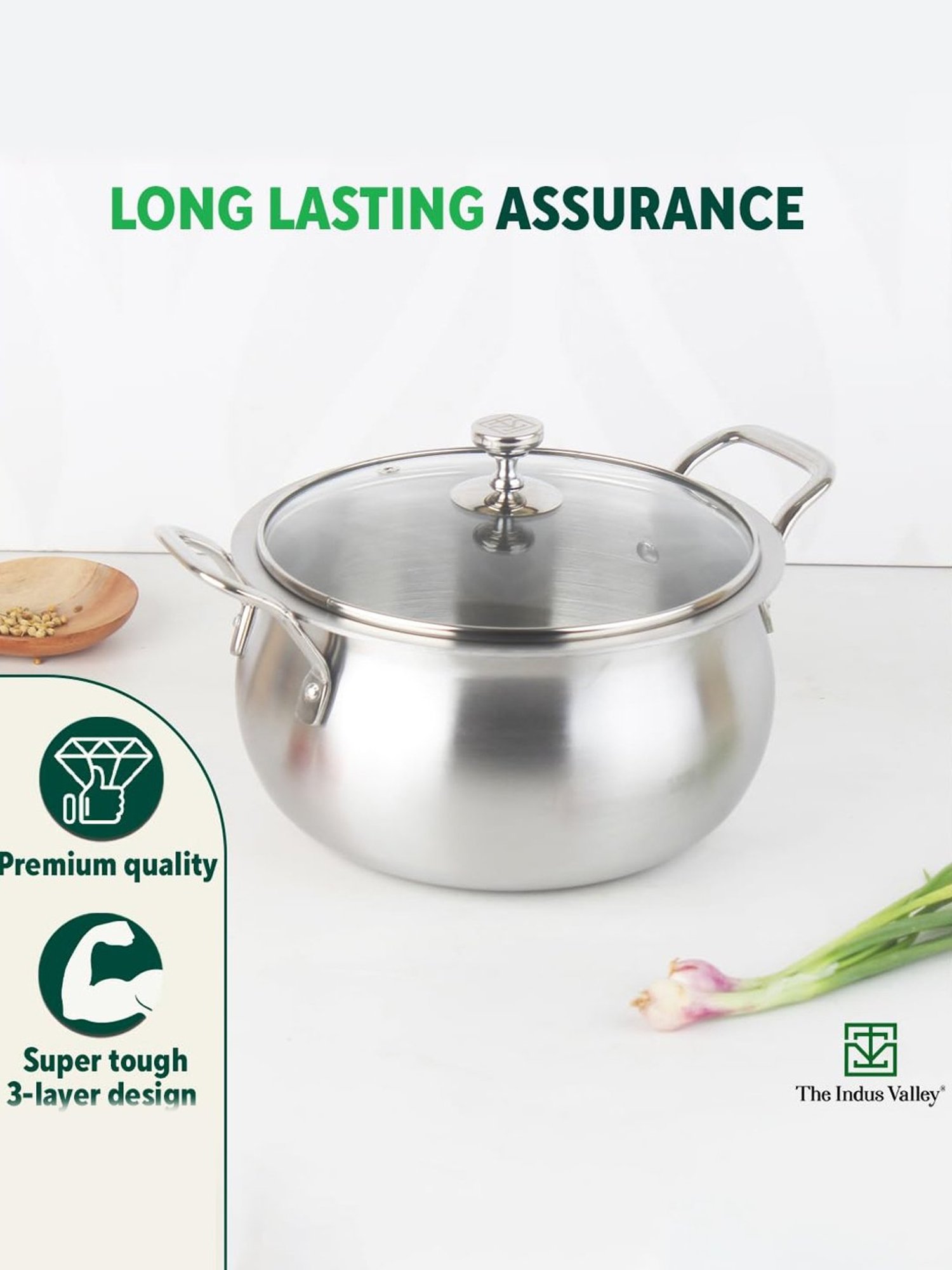 The Indus Valley Silver Stainless Steel Stock Pot with Glass Lid( Dia: 24cm, 4L)