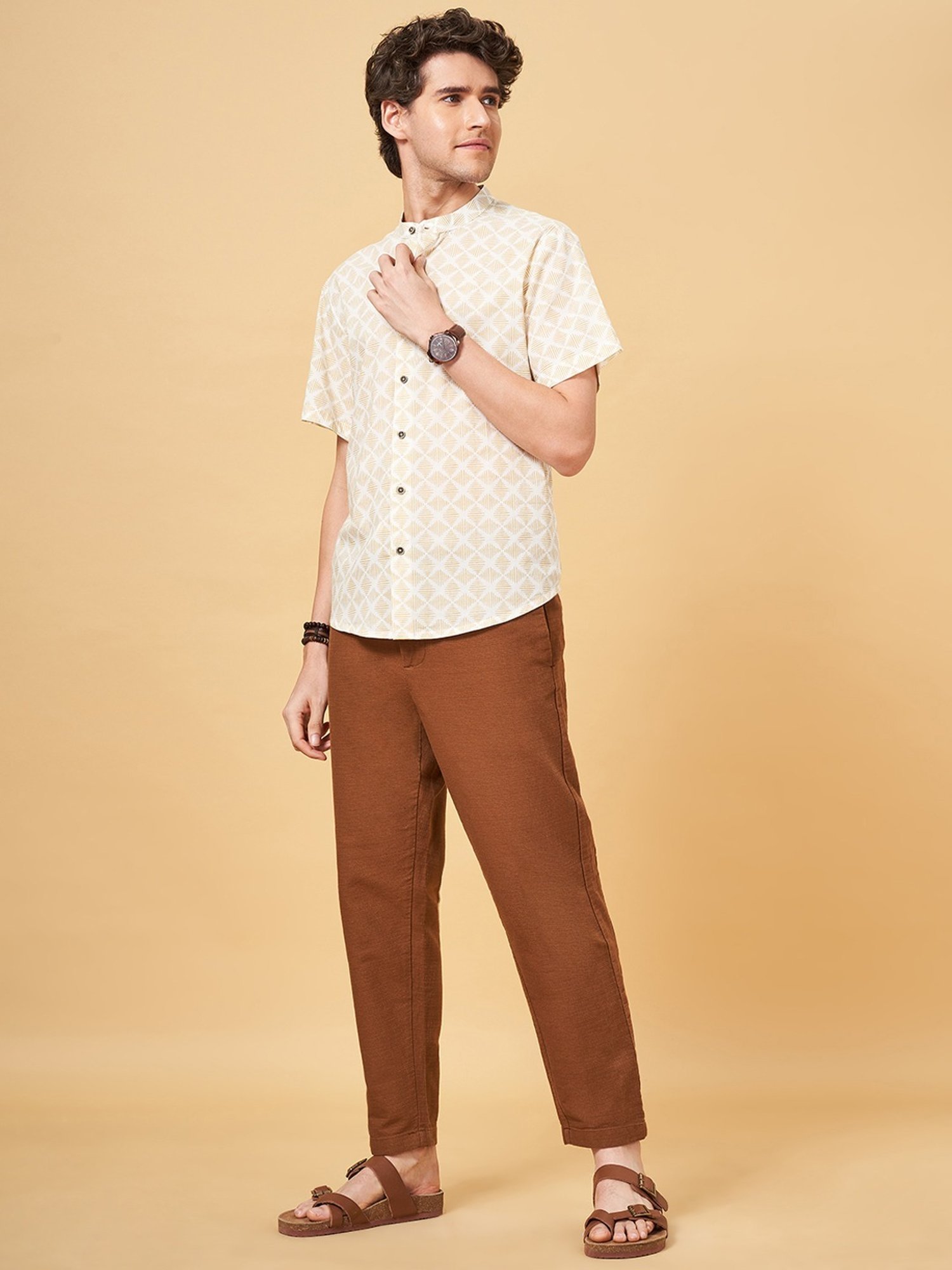 Indus Route by Pantaloons Honey Mustard Regular Fit Printed Shirt