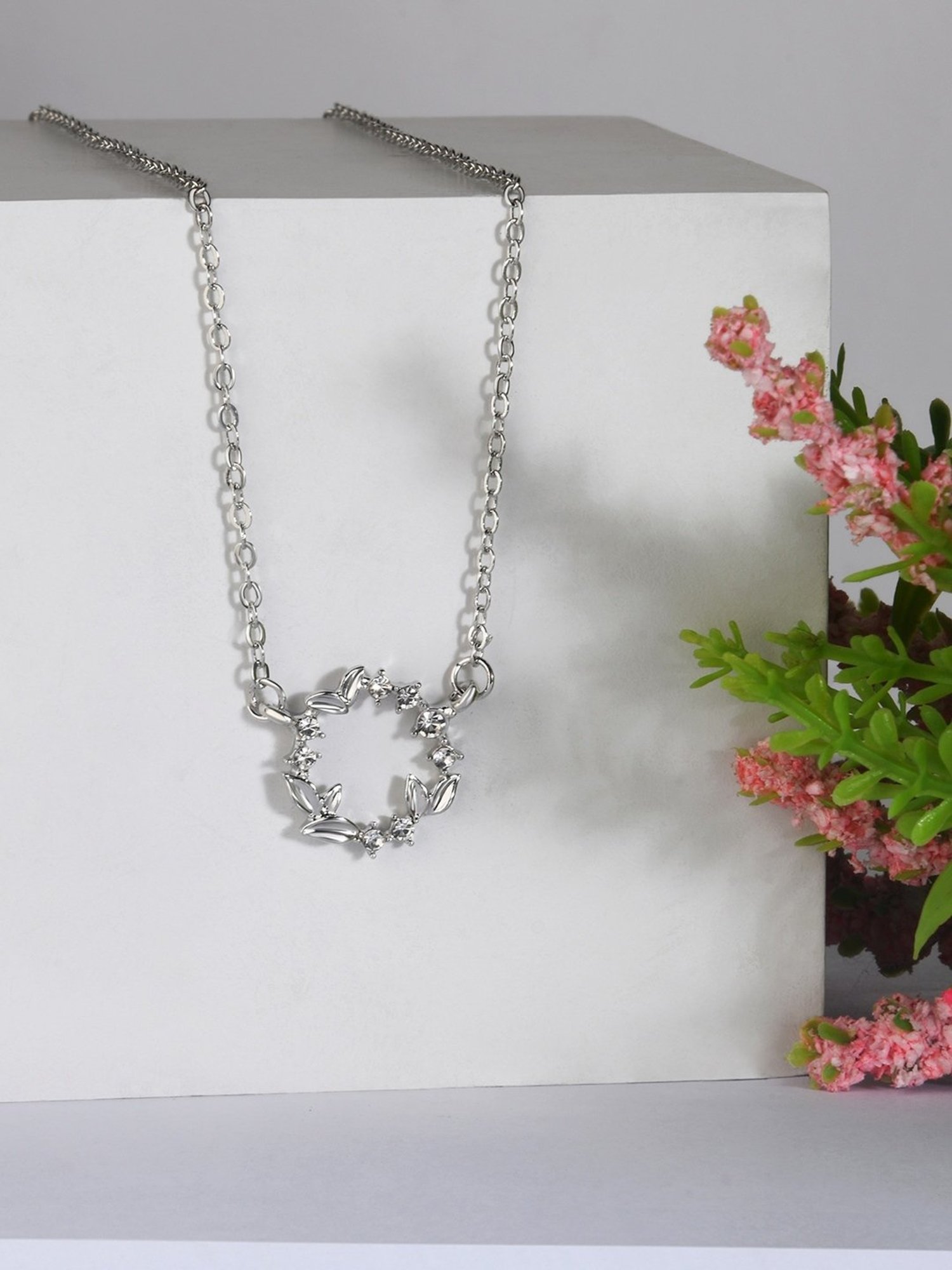 ToniQ Silver-Plated Floral Round Charm Necklace for Women