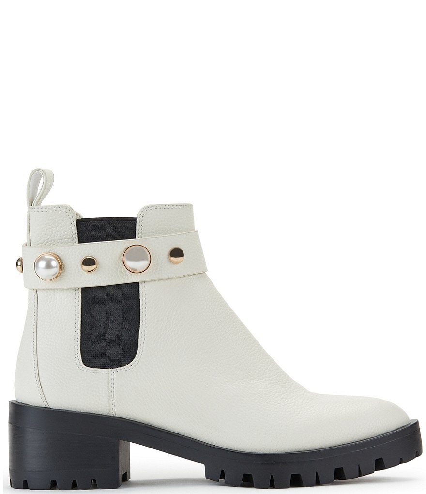 KARL LAGERFELD PARIS Pola Leather Pearl Stud Ankle Strap Lugged Sole Chelsea Booties