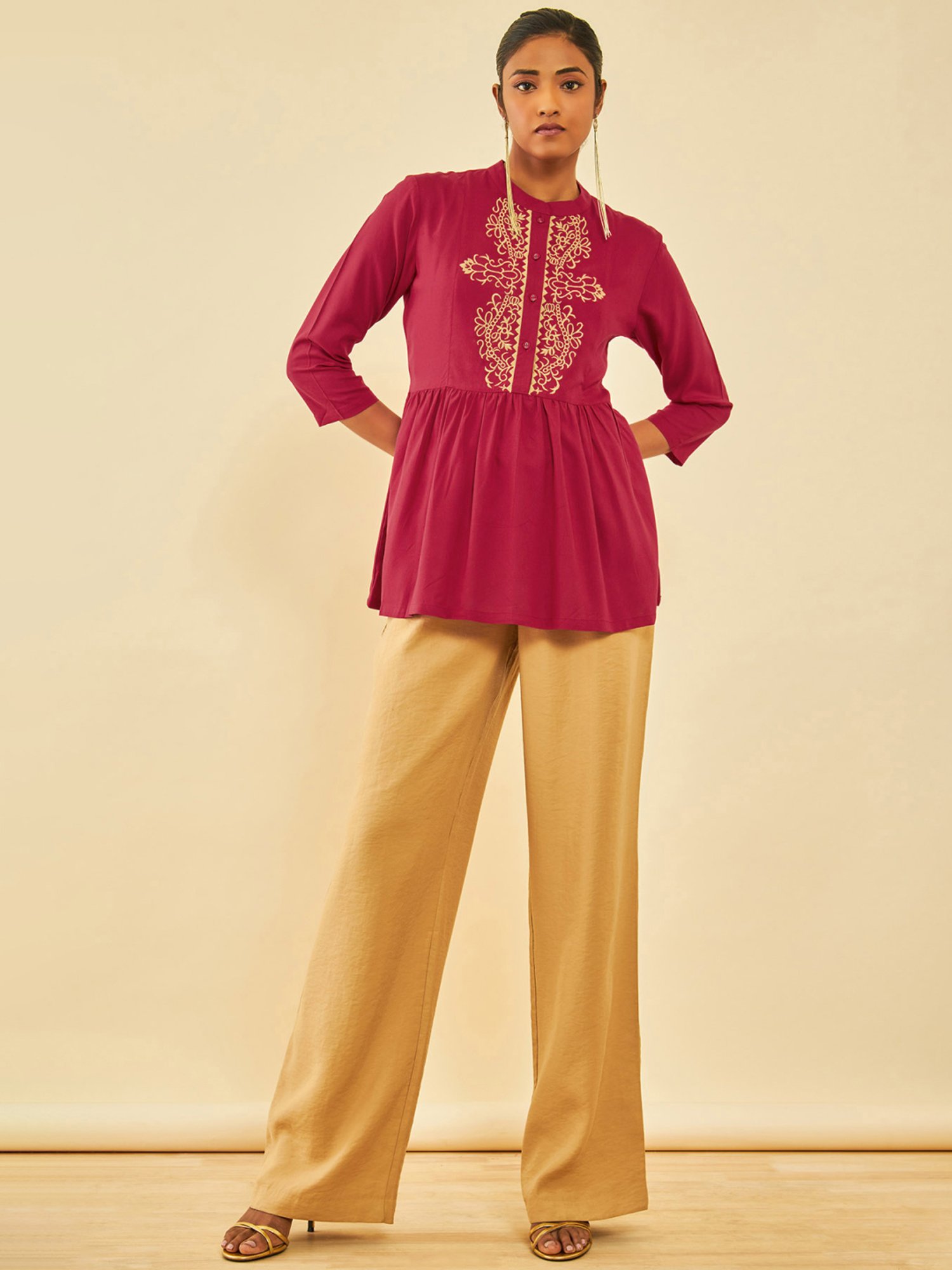 Soch Red Rayon Yoke Embroidery Tunic With Gathers