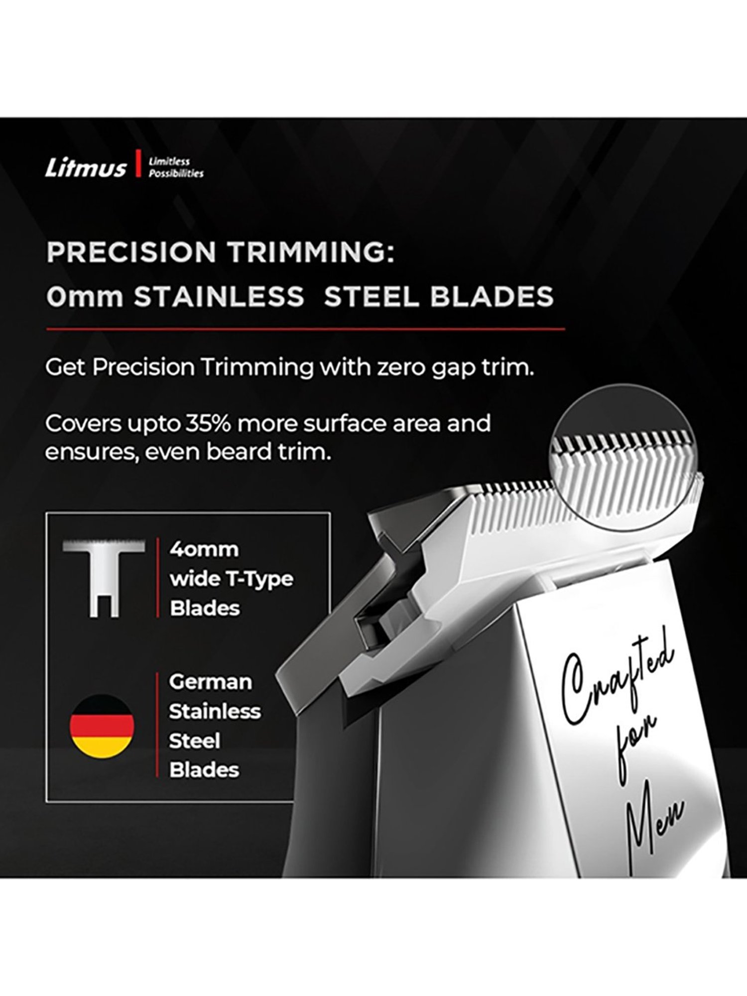 Litmus PT-202 Luxury Edition Cordless Precision Trimmer - 100 Min Runtime (Black and Steel)