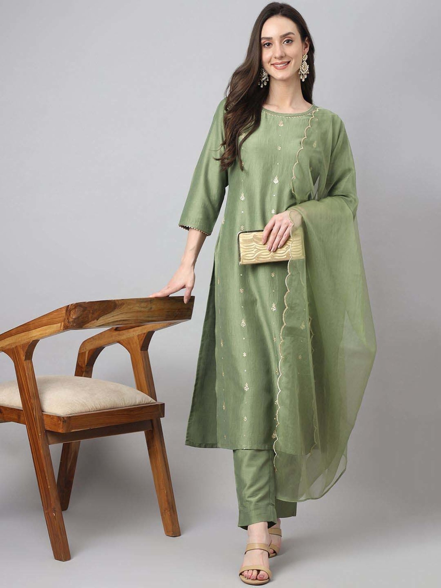 Janasya Green Embroidered Kurta & Pant Set With Dupatta