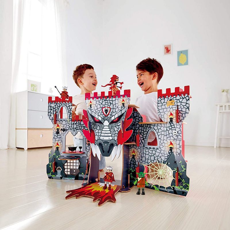 Hape Kid's Foldable Wooden Viking Dragon Castle Dollhouse Play Set with Magic Accessories and Action Figures