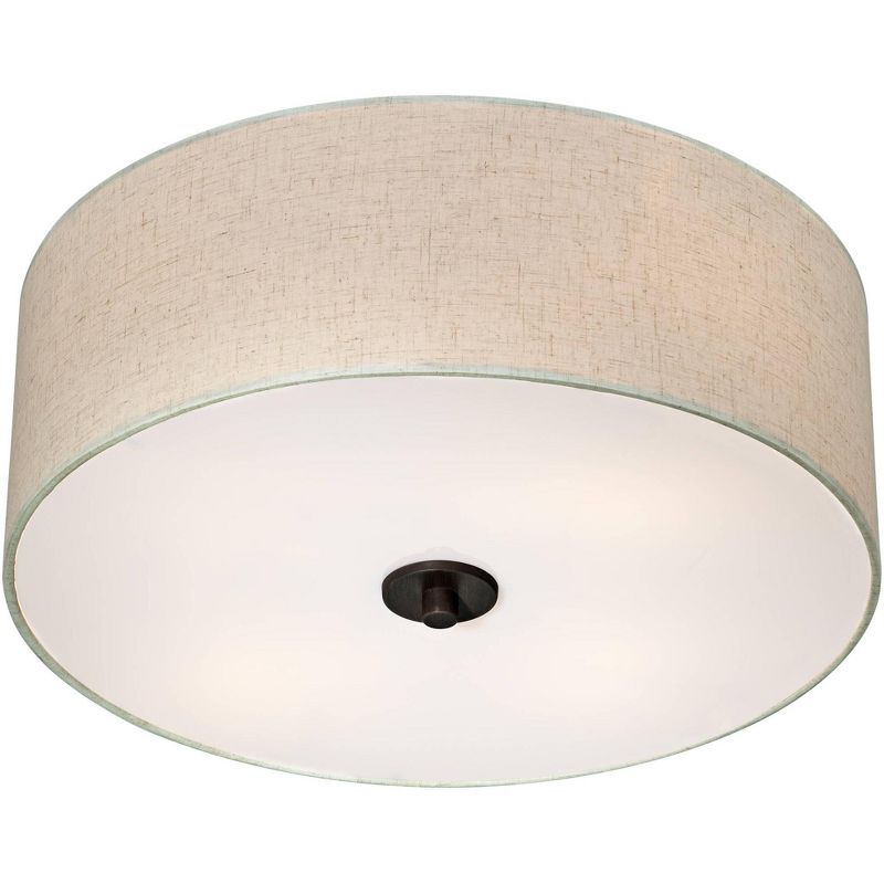 Regency Hill Modern Ceiling Light Flush Mount Fixture Bronze 18" Wide Off White Oatmeal Fabric Drum Shade Bedroom Kitchen Hallway