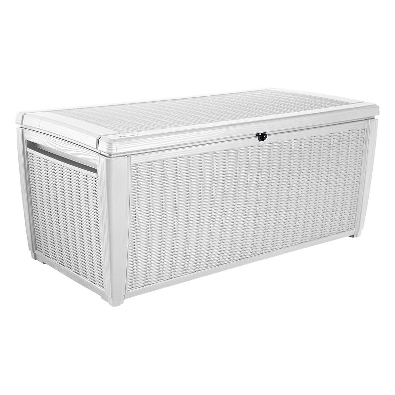 Keter 235178 Large 135 Gallon Waterproof All Weather Resistant Wicker Outdoor Backyard Sumatra Patio Porch Deck Garden Pool Storage Box Bench, White