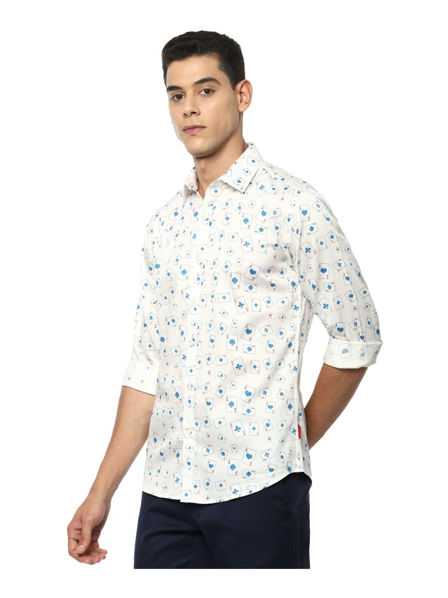 V Dot Beige Cotton Slim Fit Printed Shirt