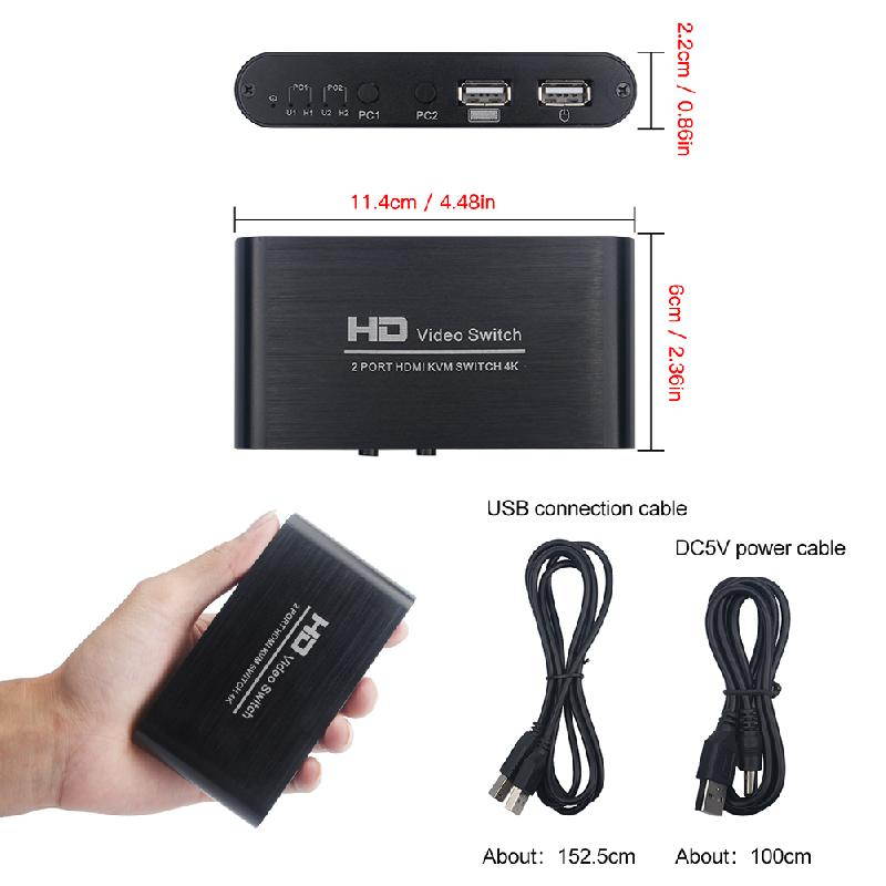 KVM Switch 2 Ports Box, HDMI Switcher Support 4K @30Hz for One Set of Keyboard and Mouse and HD Display Share 2 Computers