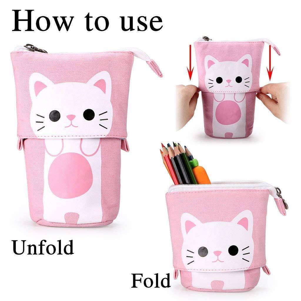 Telescopic Pencil Pouch Standing Pen Holder Cute Pencil Bags Stand Up Pen Case Cartoon Pencil/Pens Storage Box Canvas+PU Stationery Organizer Makeup Bag with Zipper Closure (Pink)