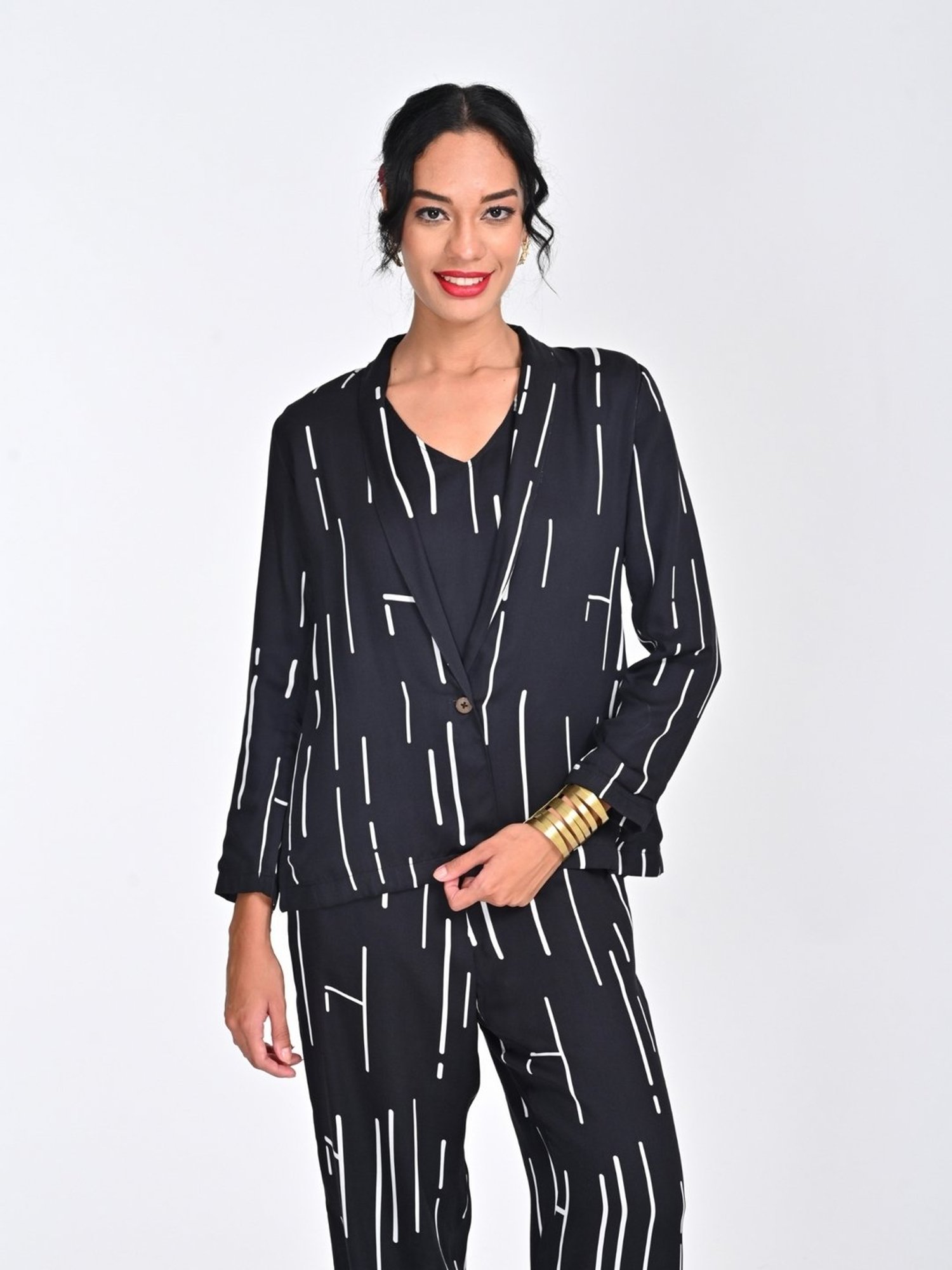 Saltpetre Women Modal Cedar Print Black Shawl Collar Blazer