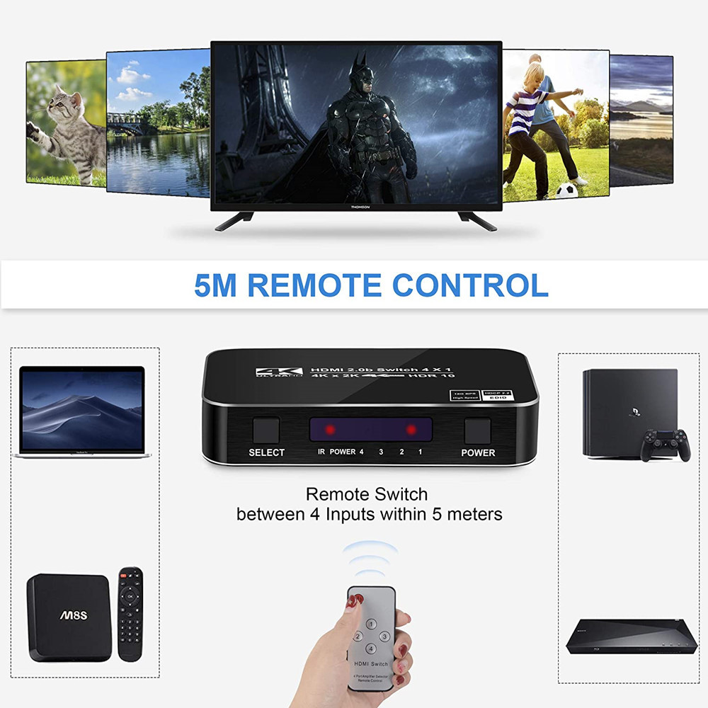 4K HDR HDMI Switch, YXwin 4 Ports 4K 60Hz HDMI 2.0 Switcher Selector with IR Wireless Remote, Supports UltraHD Dolby Vision, High Speed(Max to 18.5Gbps), HDR10, HDCP 2.2 & 3D