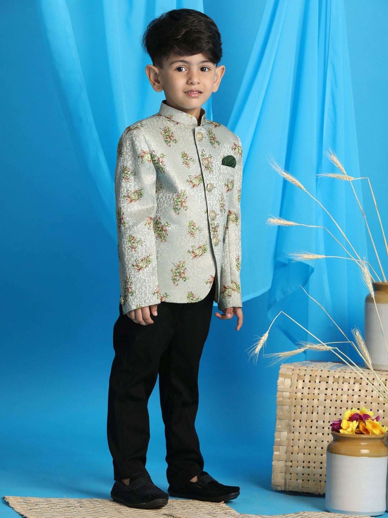 VASTRAMAY Boys Green Self Full Sleeves Indowestern