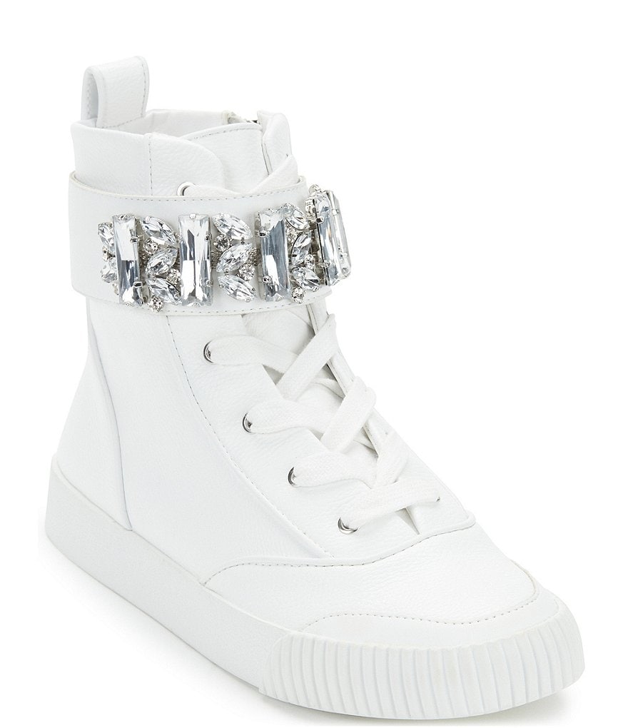 KARL LAGERFELD PARIS Jeren Lace Rhinestone Ankle Strap Leather Sneakers