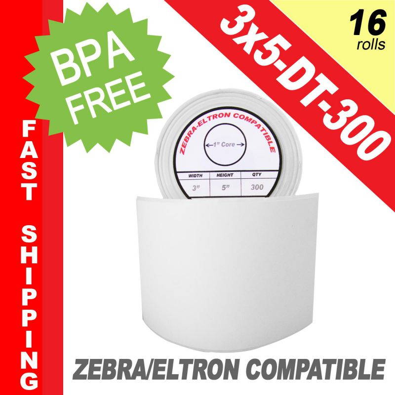 Zebra/Eltron-Compatible 3 x 5 Labels (3" x 5") -- BPA Free! (16 Rolls; 300 Labels per Roll)